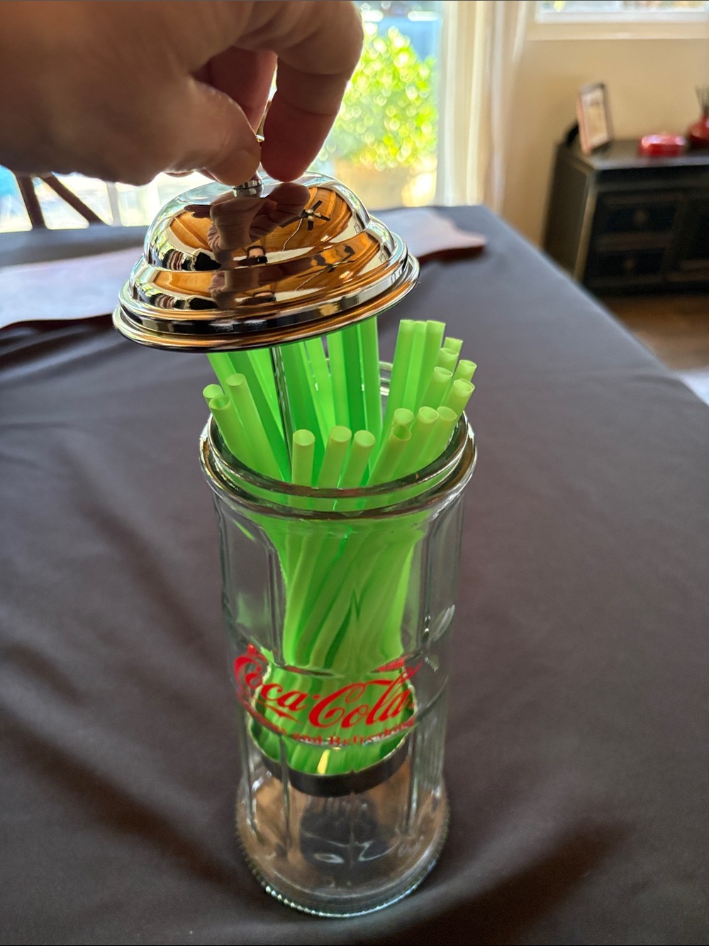 Coca Cola Clear Glass Straw Holder with Red Logo and Lime Green Straws